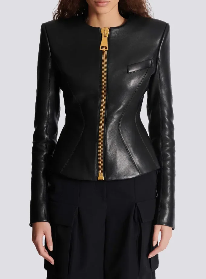Kısa peplum kuzu derisi ceket