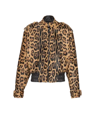 Leopar desenli ponyskin tarzı deri bomber ceket