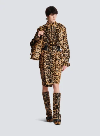 Leopar desenli ponyskin tarzı deri bomber ceket