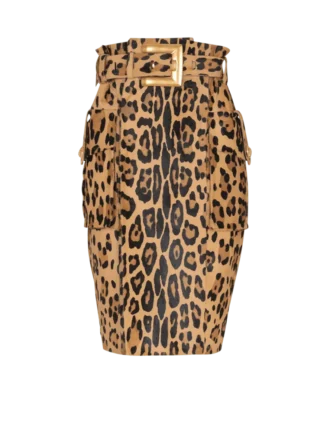 Leopar desenli ponyskin tarzı deri midi etek