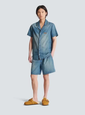Soluk denim kısa kollu pijama gömleği Soluk denim kısa kollu pijama gömleği