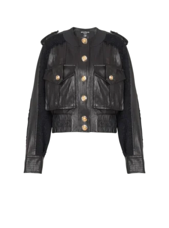 Tweed ve deri bomber ceket