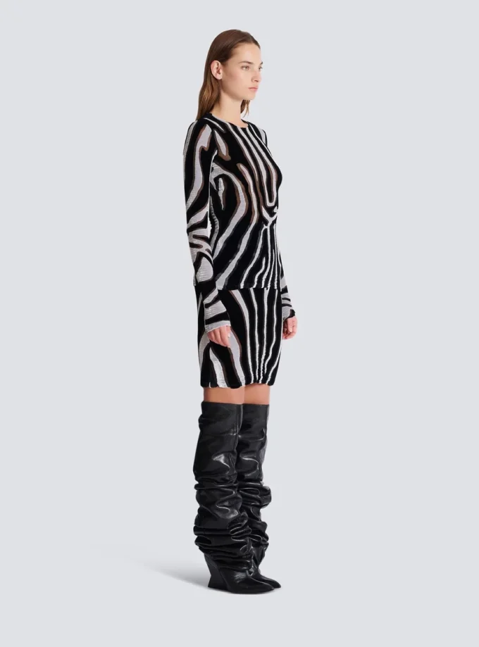 Zebra desenli kadife bodycon üst